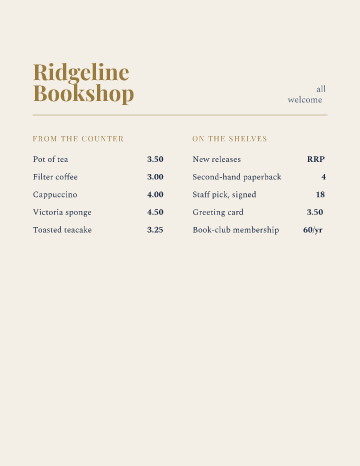 Ridgeline Bookshop — Menu — Bookshop Café template