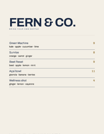 Fern & Co. — Menu — Juice Bar template