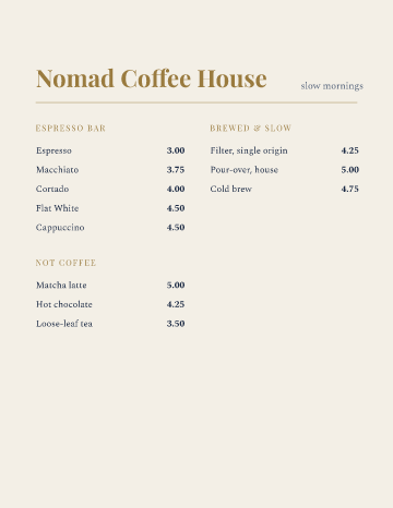 Nomad Coffee House — Menu — Café form template