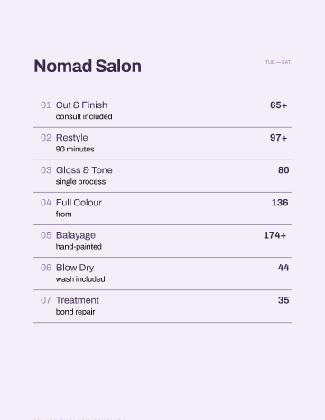 Nomad Salon — Menu — Salon form template