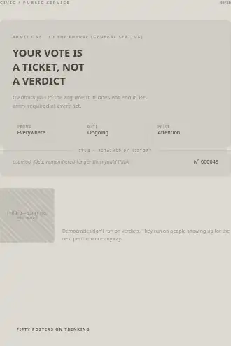 YOUR VOTE IS A TICKET, NOT A VERDICT — ticket poster — Civic/Public-Service poster template