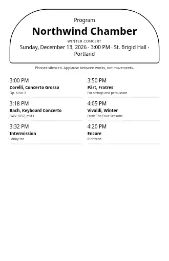 Northwind Chamber — Winter concert — Concerts & Recitals program template