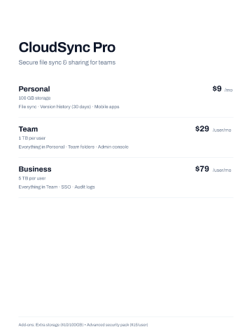CloudSync Pro — Pricing — Pricing Sheets template