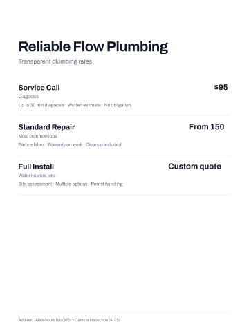 Reliable Flow Plumbing — Pricing — Pricing Sheets template