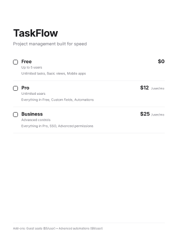 TaskFlow — Pricing — Pricing Sheets template