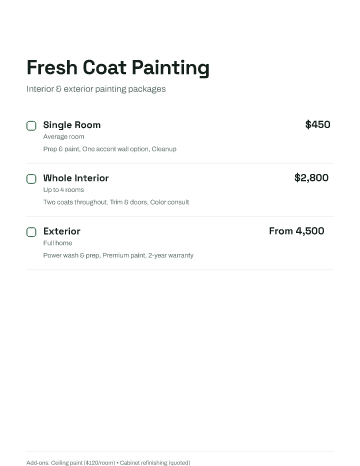 Fresh Coat Painting — Pricing — Pricing Sheets template