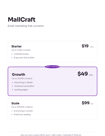 MailCraft — Pricing — Pricing Sheets template