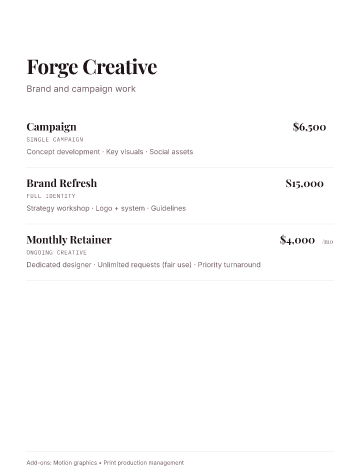 Forge Creative — Pricing — Pricing Sheets form template