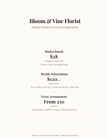 Bloom & Vine Florist — Pricing — Pricing Sheets form template
