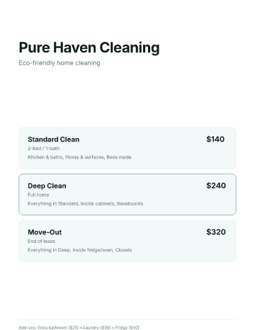 Pure Haven Cleaning — Pricing — Pricing Sheets form template