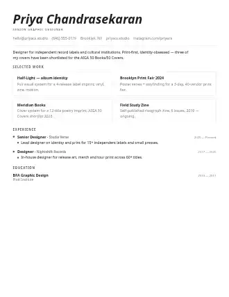 Priya Chandrasekaran — folio resume — Creative template