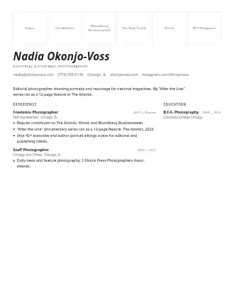 Nadia Okonjo-Voss — contact-sheet resume — Creative template
