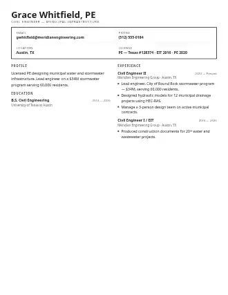 Grace Whitfield, PE — specsheet resume — Technical template