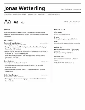 Jonas Wetterling — masthead resume — Minimal template