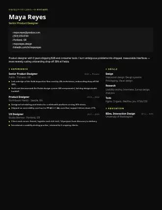 Maya Reyes — terminal resume — Technical template