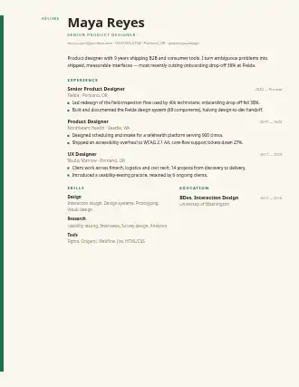 Maya Reyes — rail resume — Minimal template