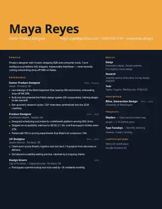 Maya Reyes — poster resume — Creative resume template