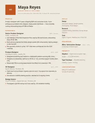 Maya Reyes — monogram resume — Creative resume template