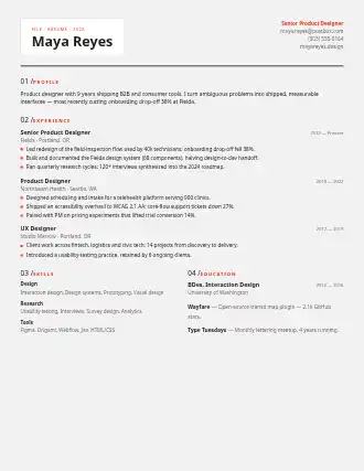 Maya Reyes — index resume — Technical resume template