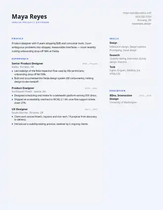 Maya Reyes — panels resume — Minimal resume template