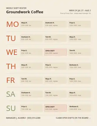 Groundwork Coffee — shift roster — Rosters & Rotas schedule template