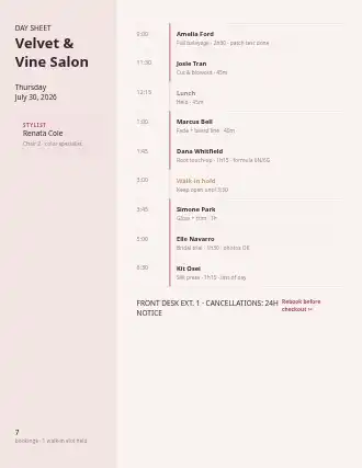 Velvet & Vine Salon — appointment sheet — Appointments & Bookings template