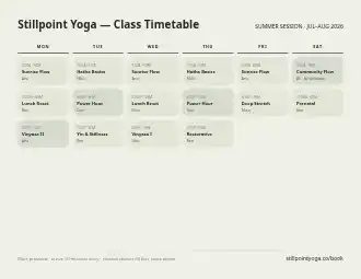 Stillpoint Yoga — Class Timetable — class timetable — Timetables & Classes schedule template