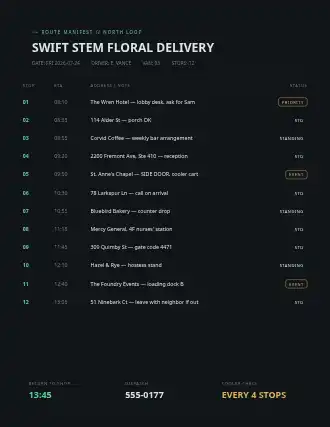 SWIFT STEM FLORAL DELIVERY — route schedule — Operations & Routes schedule template