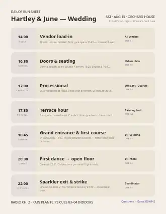 Hartley & June — Wedding — event run sheet — Events & Run Sheets template