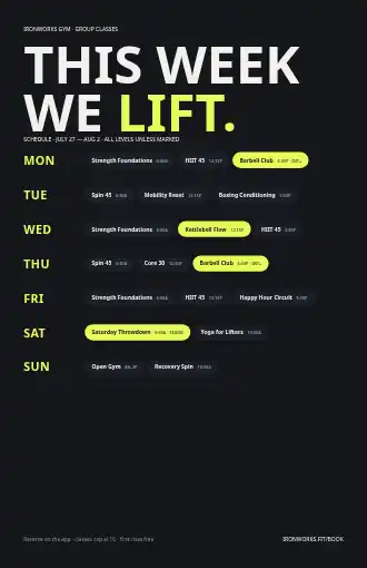 This weekwe lift. — class schedule poster — Timetables & Classes template