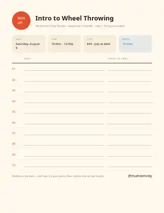 Intro to Wheel Throwing — sign-up sheet — Appointments & Bookings template
