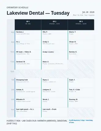 Lakeview Dental — Tuesday — operatory schedule — Operations & Routes template