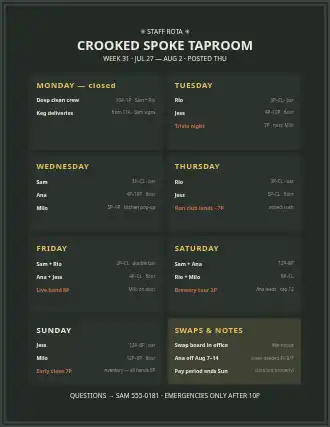 CROOKED SPOKE TAPROOM — staff rota — Rosters & Rotas template