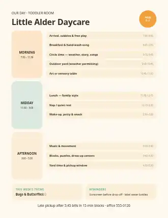 Little Alder Daycare — daily routine — Timetables & Classes template