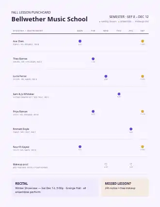 Bellwether Music School — lesson timetable — Timetables & Classes template