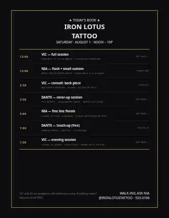 IRON LOTUSTATTOO — booking board — Appointments & Bookings template