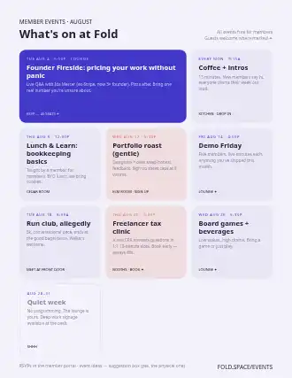What's on at Fold — events calendar — Events & Run Sheets template