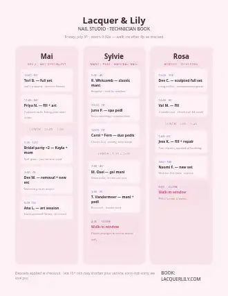 Lacquer & Lily — technician book — Appointments & Bookings schedule template
