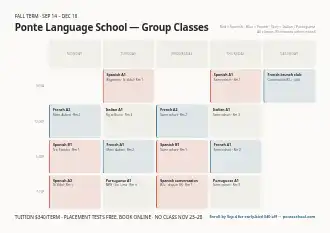 Ponte Language School — Group Classes — semester timetable — Timetables & Classes template
