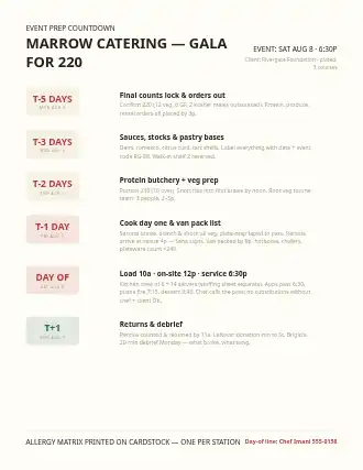 MARROW CATERING — GALA FOR 220 — prep countdown — Events & Run Sheets schedule template