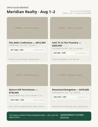 Meridian Realty · Aug 1–2 — open house schedule — Events & Run Sheets template