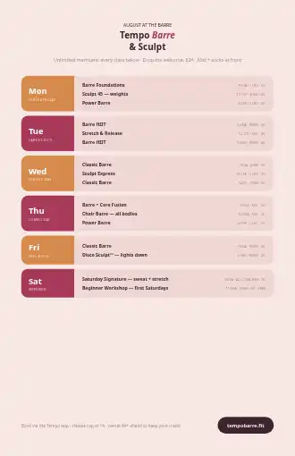 Tempo Barre& Sculpt — class schedule poster — Timetables & Classes template