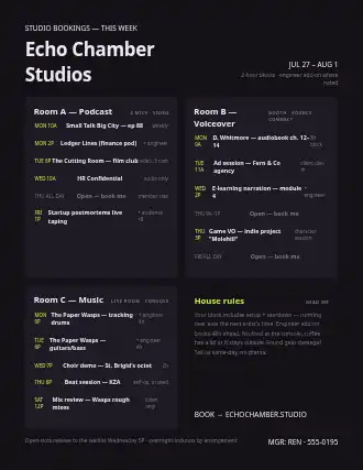 Echo Chamber Studios — studio bookings — Appointments & Bookings schedule template
