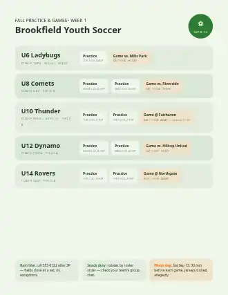 Brookfield Youth Soccer — team schedule — Operations & Routes schedule template